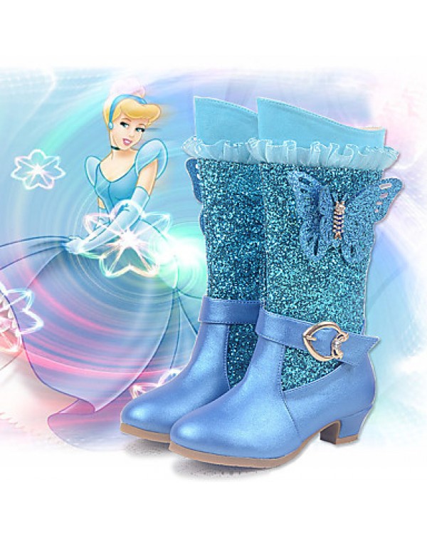 Girls Cinderella Suede Boots Princess Shoes Soft Bottom Dress shoes  Princess Fur Low Heel Knee High Boots  