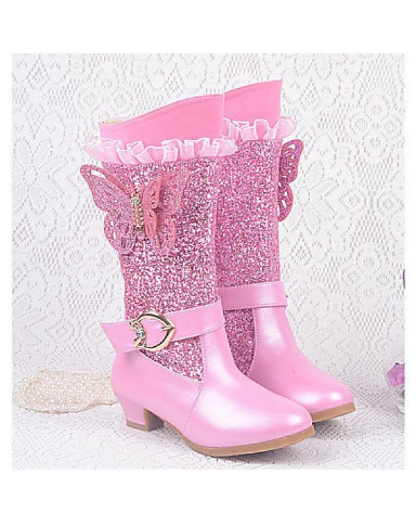 Girls Cinderella Suede Boots Princess Shoes Soft Bottom Dress shoes  Princess Fur Low Heel Knee High Boots  