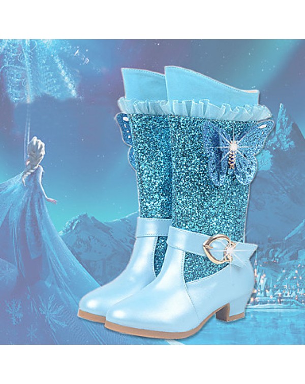 Girls Cinderella Suede Boots Princess Shoes Soft Bottom Dress shoes  Princess Fur Low Heel Knee High Boots  